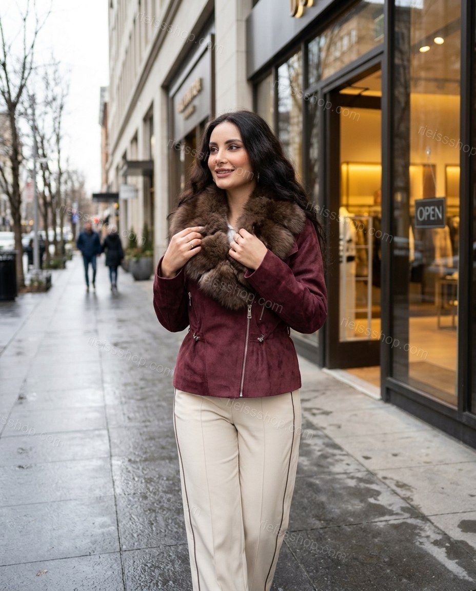 Maroon Polished Fur-Trim High-Collar Jacket by rieissshop