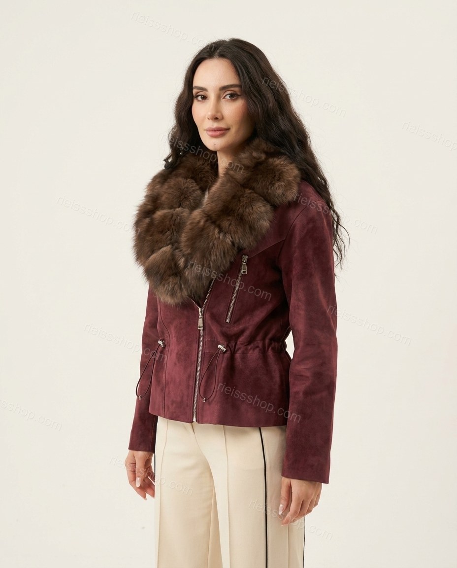 Maroon Polished Fur-Trim High-Collar Jacket by rieissshop