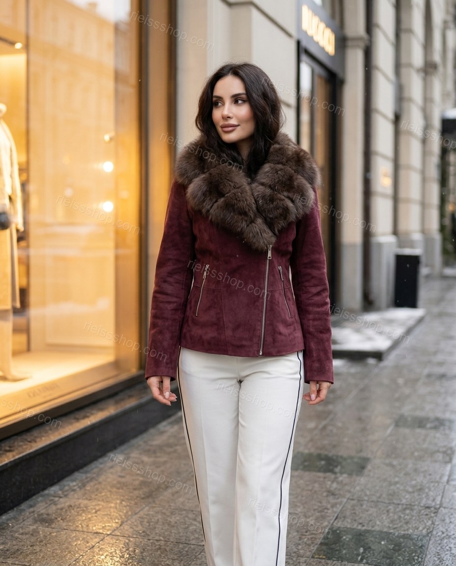Maroon Polished Fur-Trim High-Collar Jacket by rieissshop