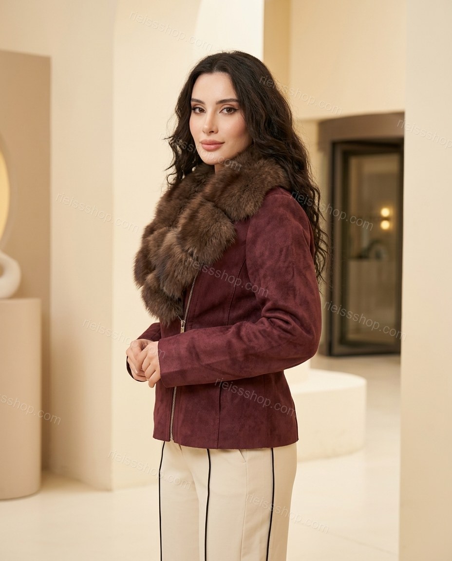 Maroon Polished Fur-Trim High-Collar Jacket by rieissshop