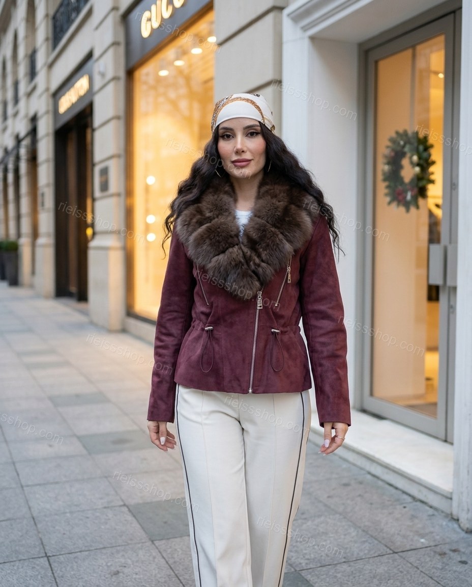 Maroon Polished Fur-Trim High-Collar Jacket by rieissshop