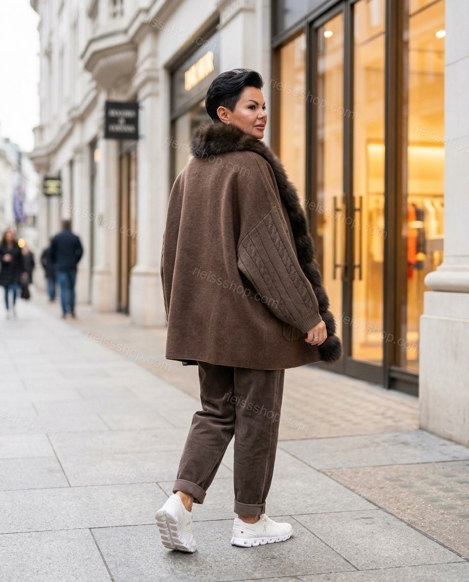 Brown Elevated Fur-Trim Flowing Jacket by rieissshop