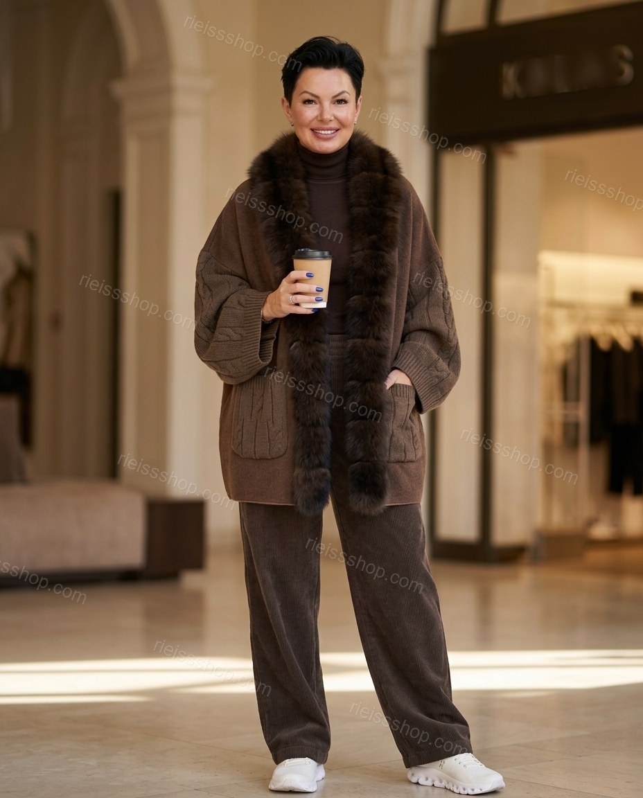 Brown Elevated Fur-Trim Flowing Jacket by rieissshop