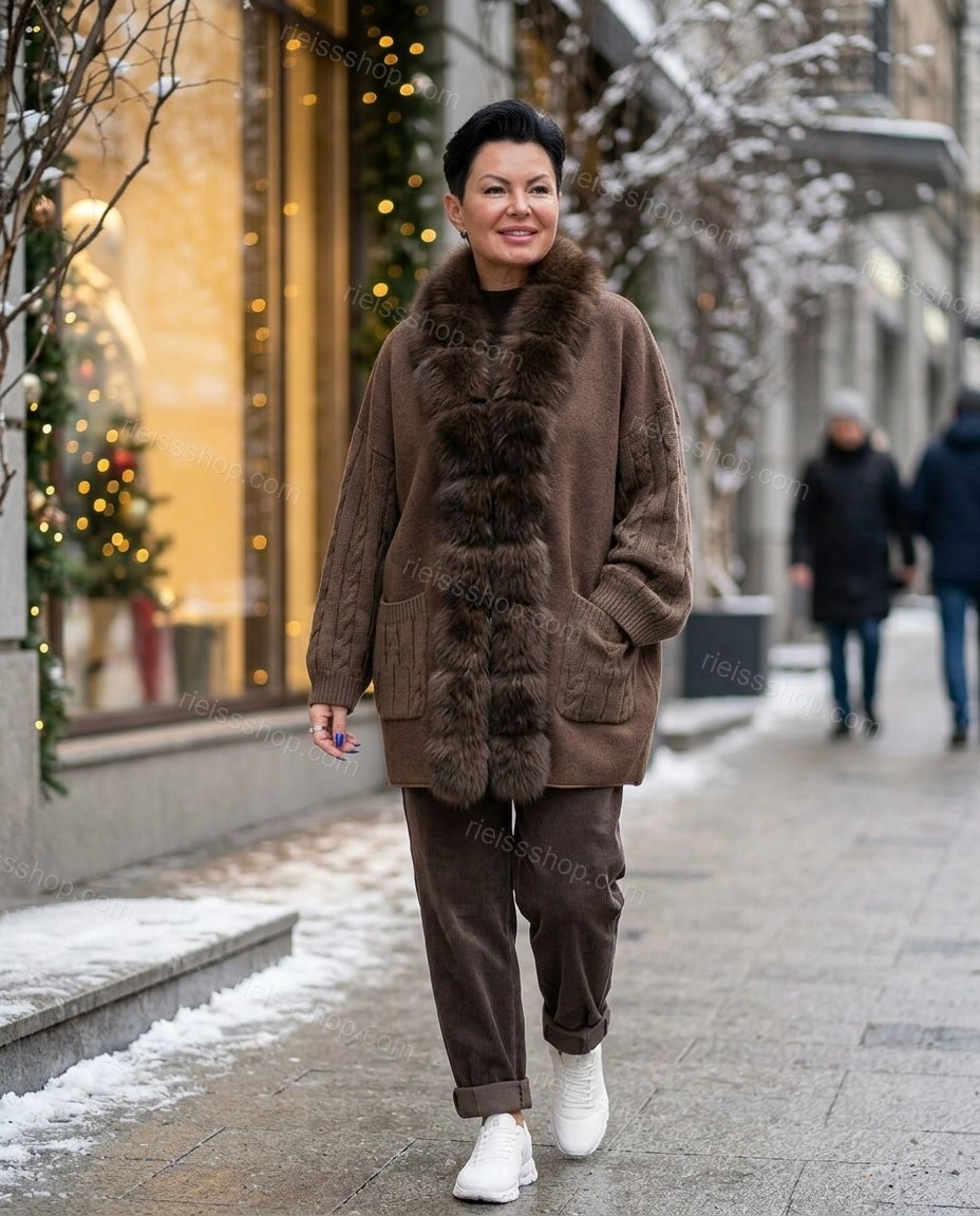 Brown Elevated Fur-Trim Flowing Jacket by rieissshop