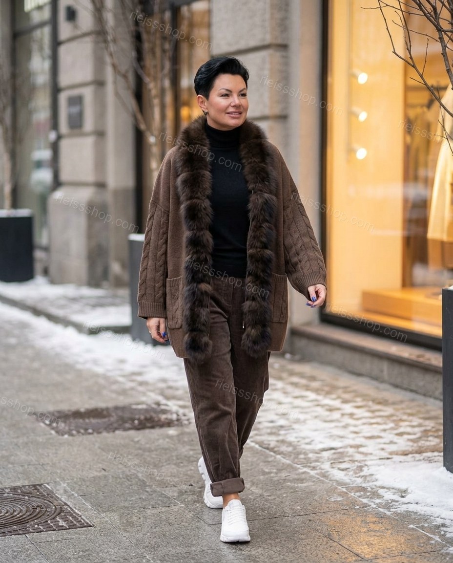Brown Elevated Fur-Trim Flowing Jacket by rieissshop