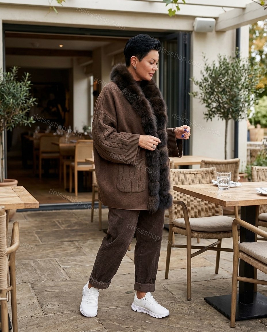 Brown Elevated Fur-Trim Flowing Jacket by rieissshop