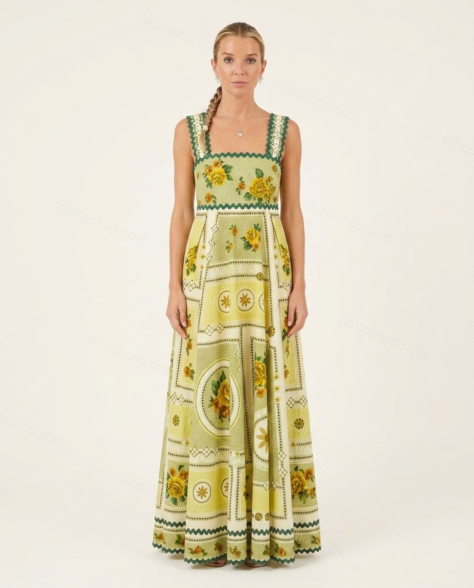 Butter Yellow Refined Floral Embroidered Maxi Dress by rieissshop