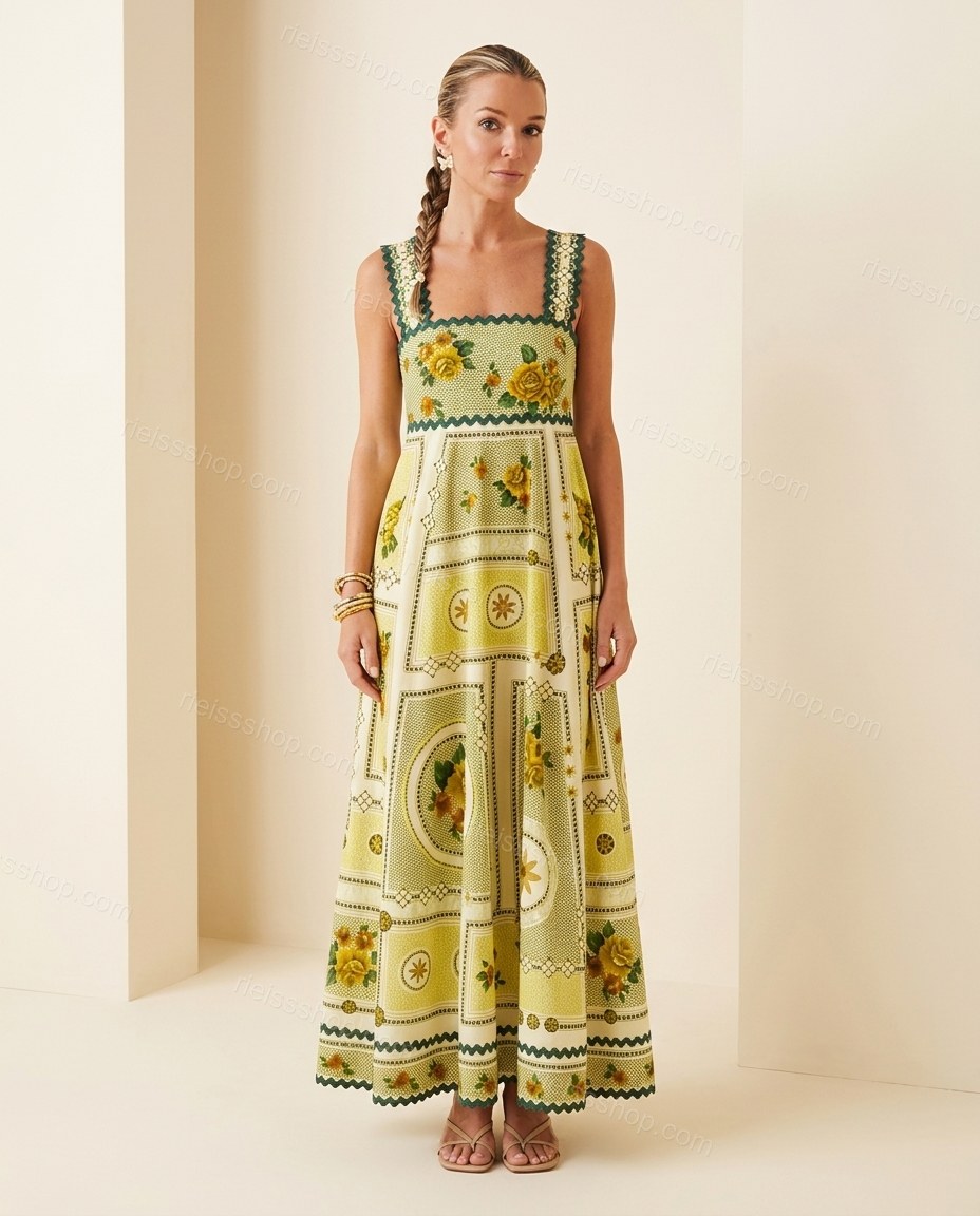 Butter Yellow Refined Floral Embroidered Maxi Dress by rieissshop