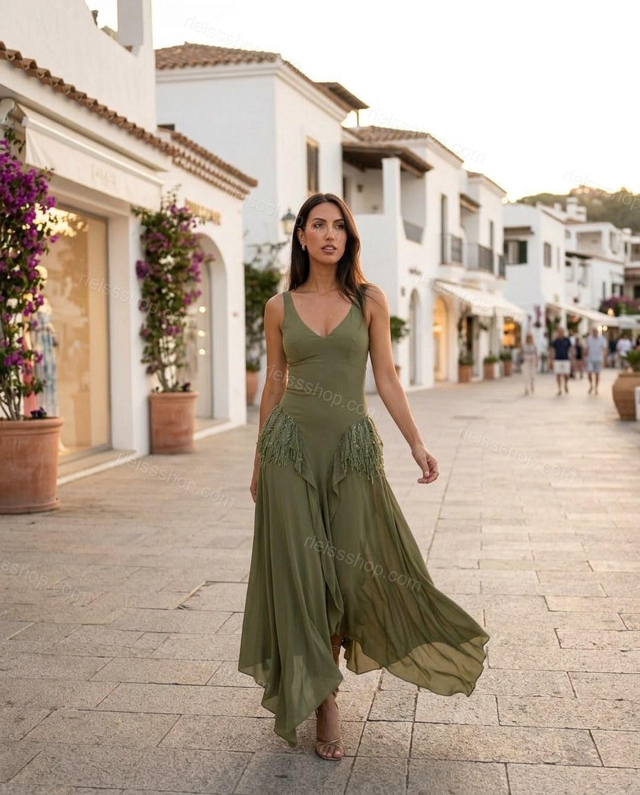 Olive Green Soft Ruffled Maxi Dress by rieissshop