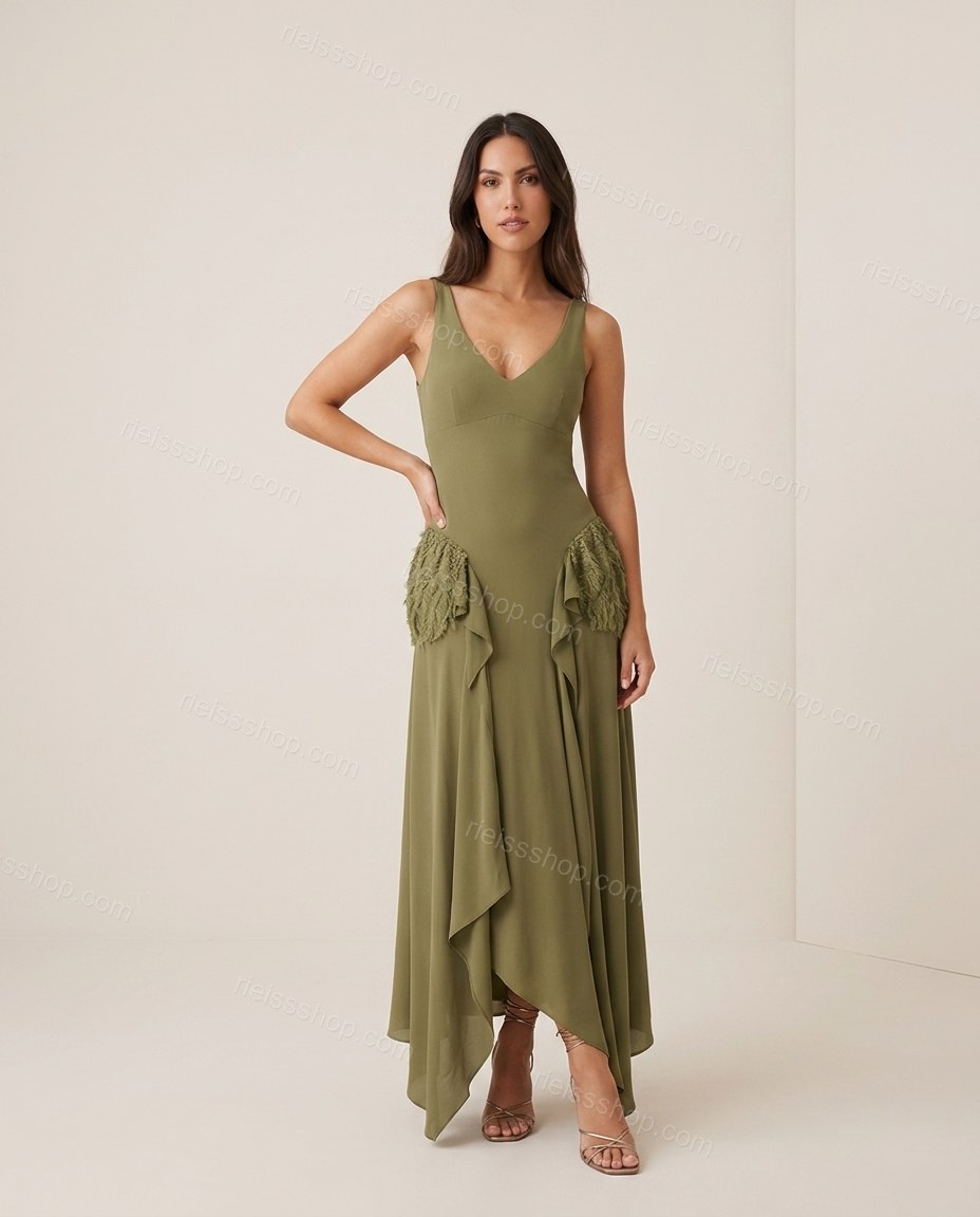 Olive Green Soft Ruffled Maxi Dress by rieissshop