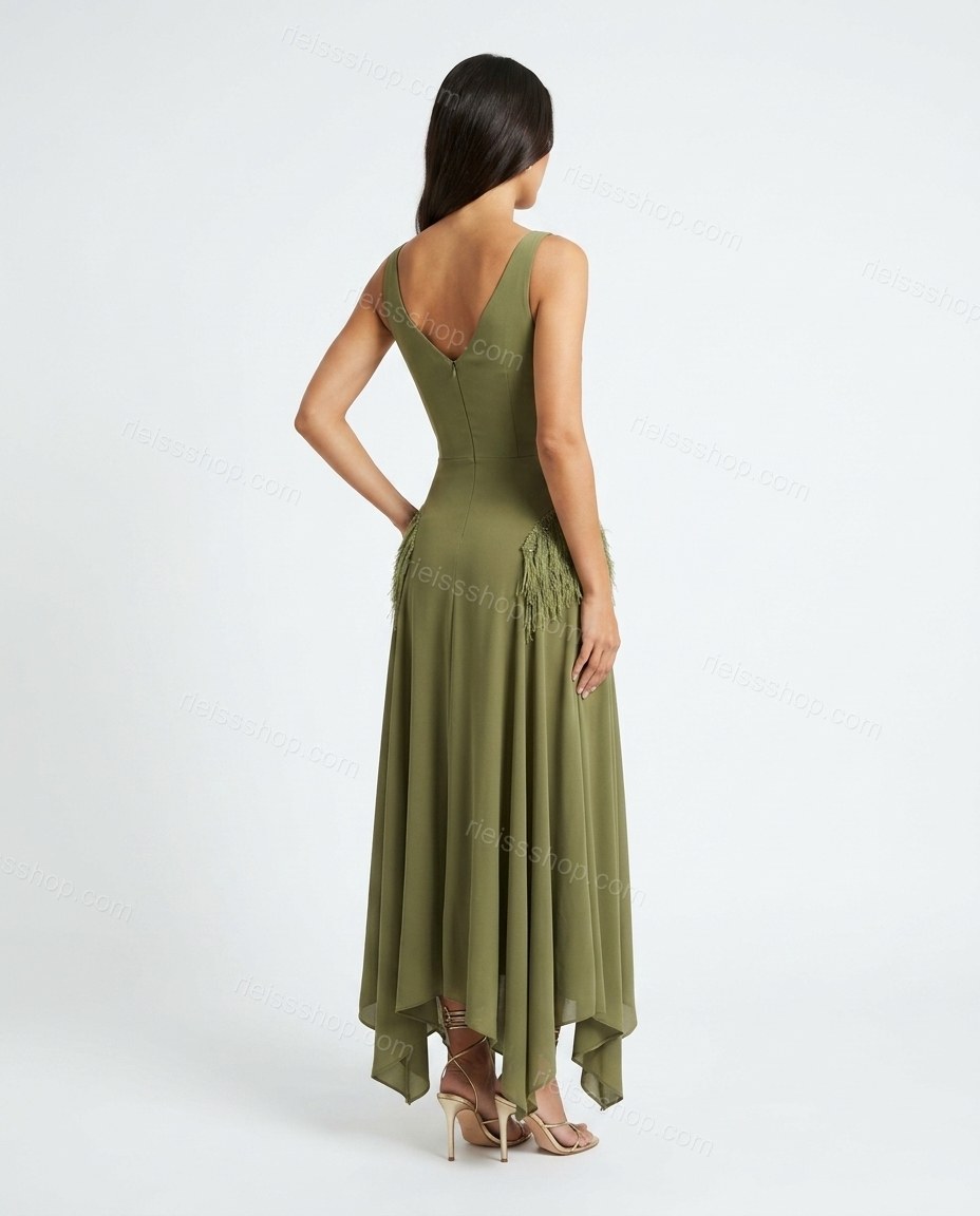 Olive Green Soft Ruffled Maxi Dress by rieissshop