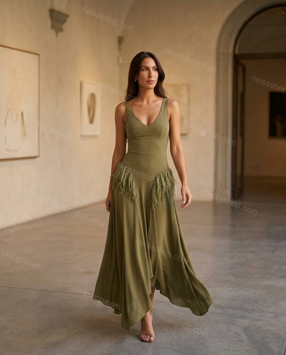 Olive Green Soft Ruffled Maxi Dress by rieissshop