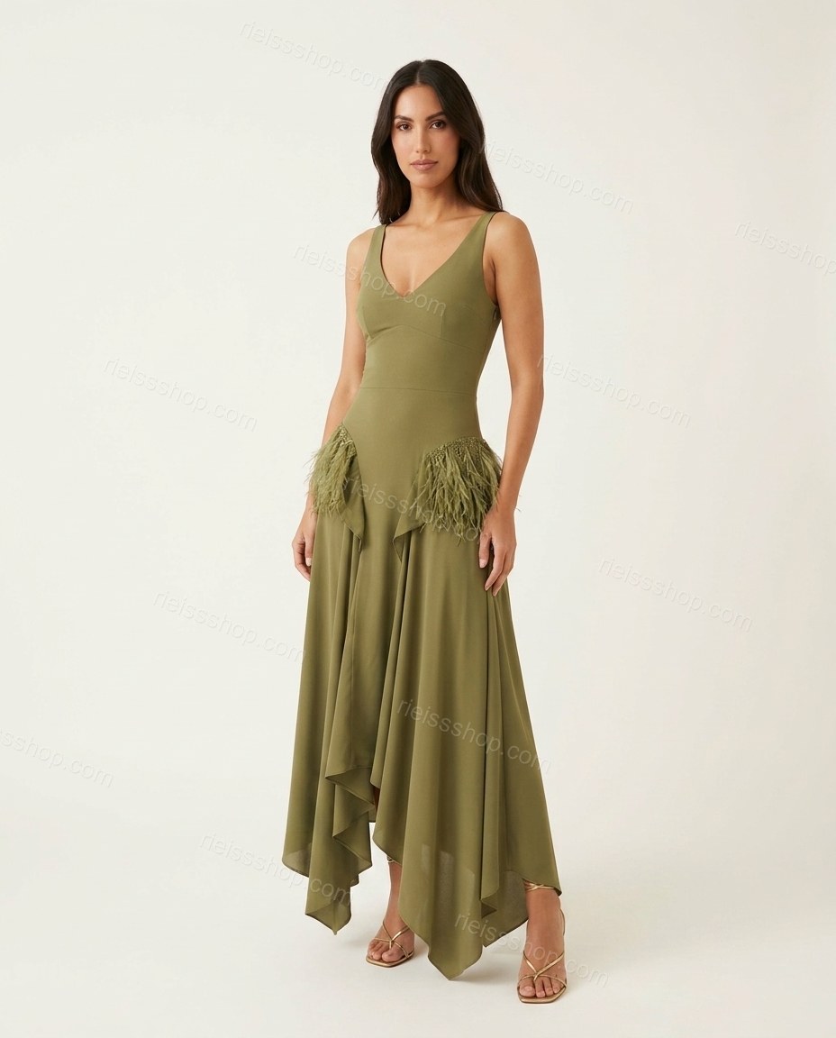 Olive Green Soft Ruffled Maxi Dress by rieissshop