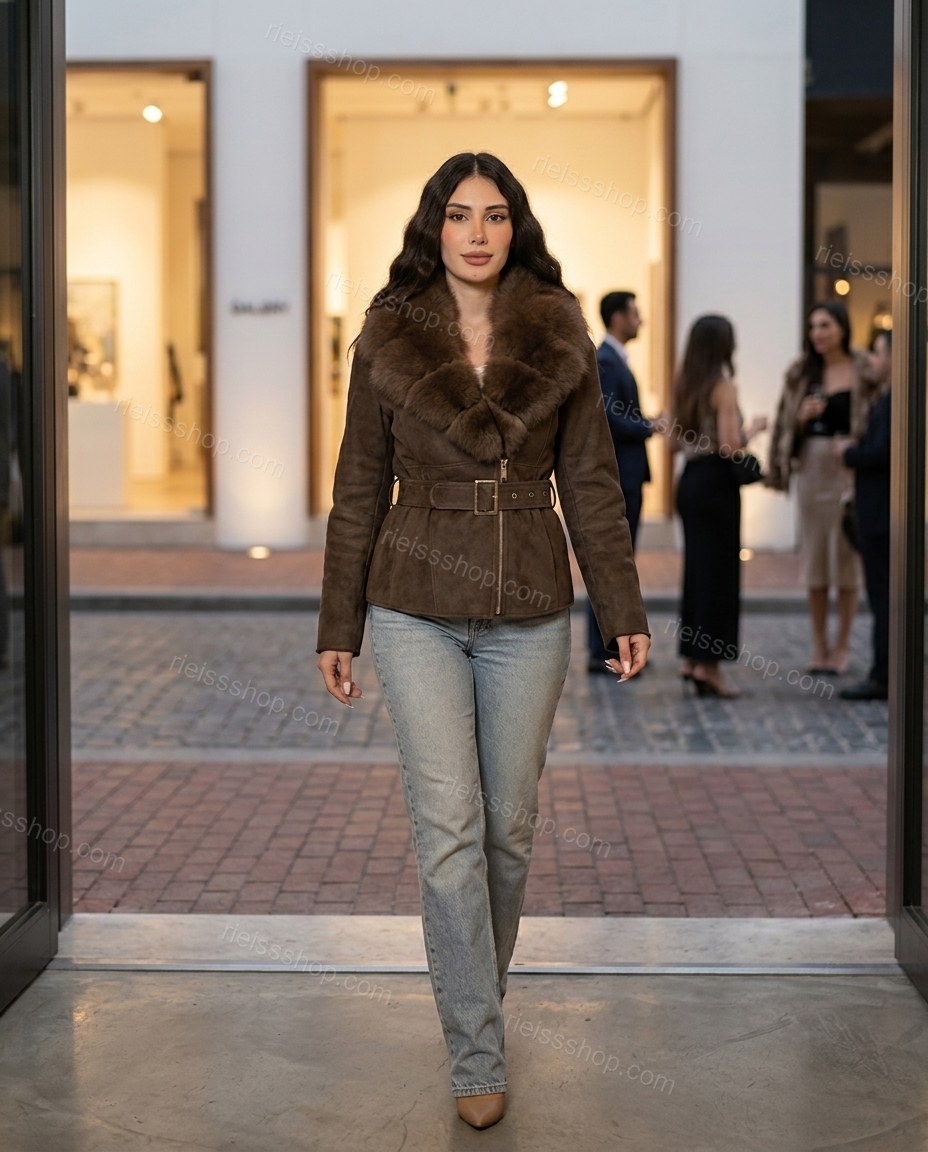 Brown Polished Fur-Trim Belted Jacket by rieissshop