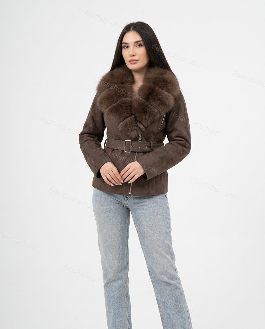 Brown Polished Fur-Trim Belted Jacket by rieissshop