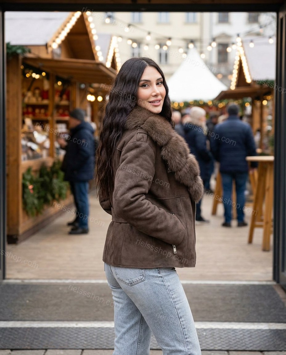 Brown Polished Fur-Trim Belted Jacket by rieissshop