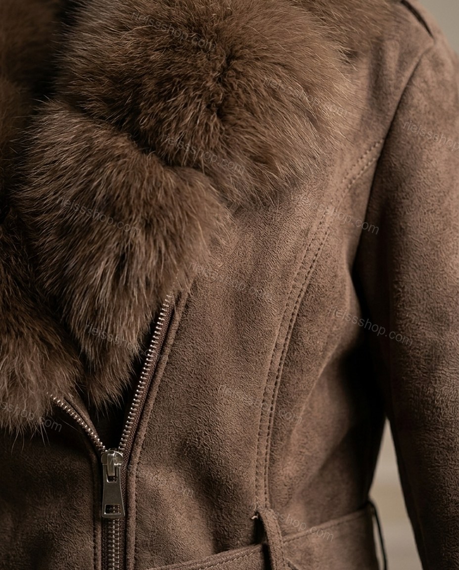 Brown Polished Fur-Trim Belted Jacket by rieissshop
