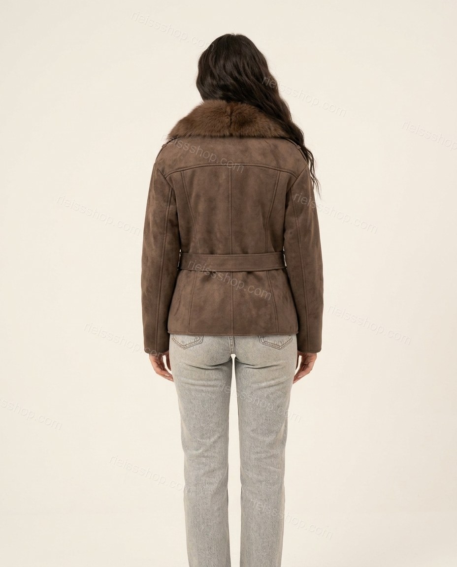 Brown Polished Fur-Trim Belted Jacket by rieissshop