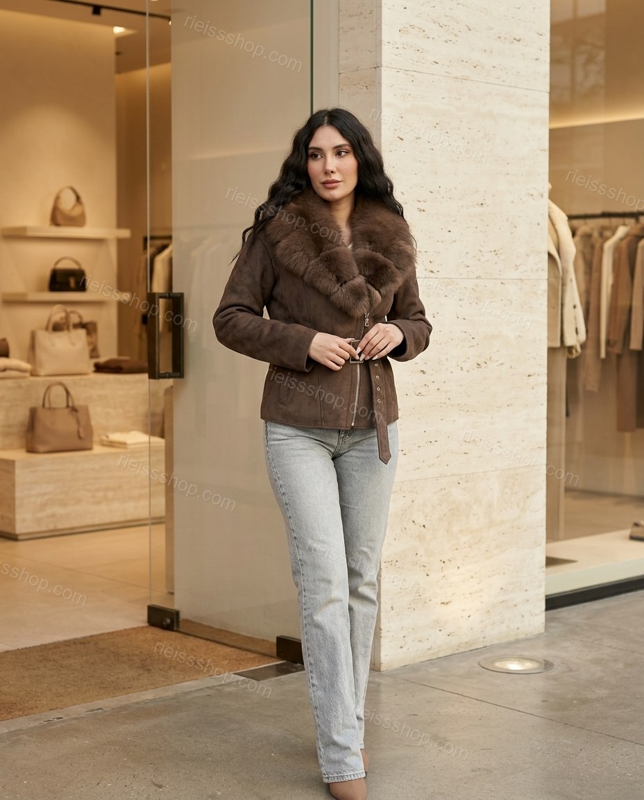 Brown Polished Fur-Trim Belted Jacket by rieissshop