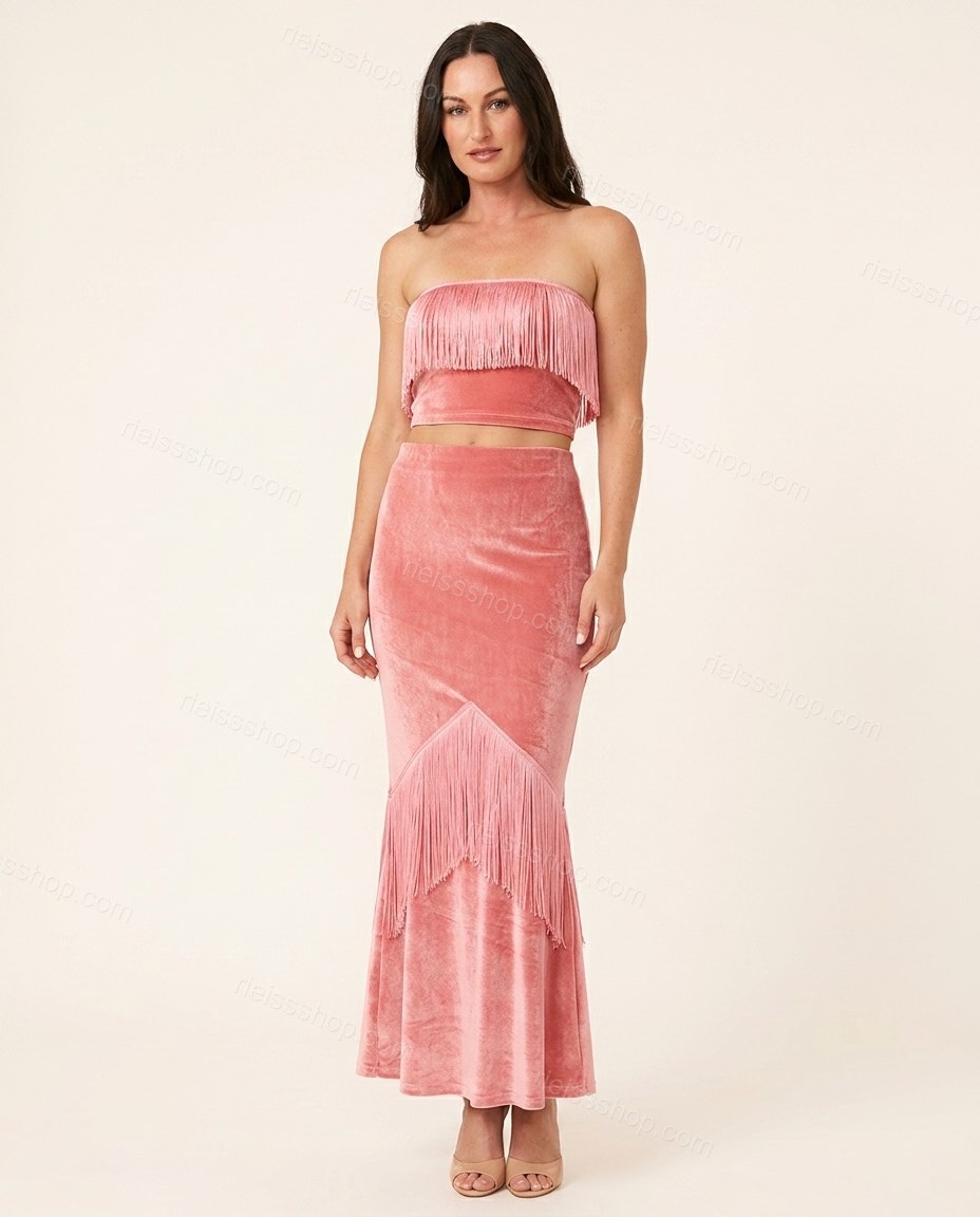 Pink After-Dark Fringe Skirt Set Pink Skirt Set with Cropped silhouette and Textured texture, clean studio product view for Day-to-Night, a dinner reservation, Fall late-summer dinners, city weekends, and early-fall plans, Euro Chic Premium by rieissshop