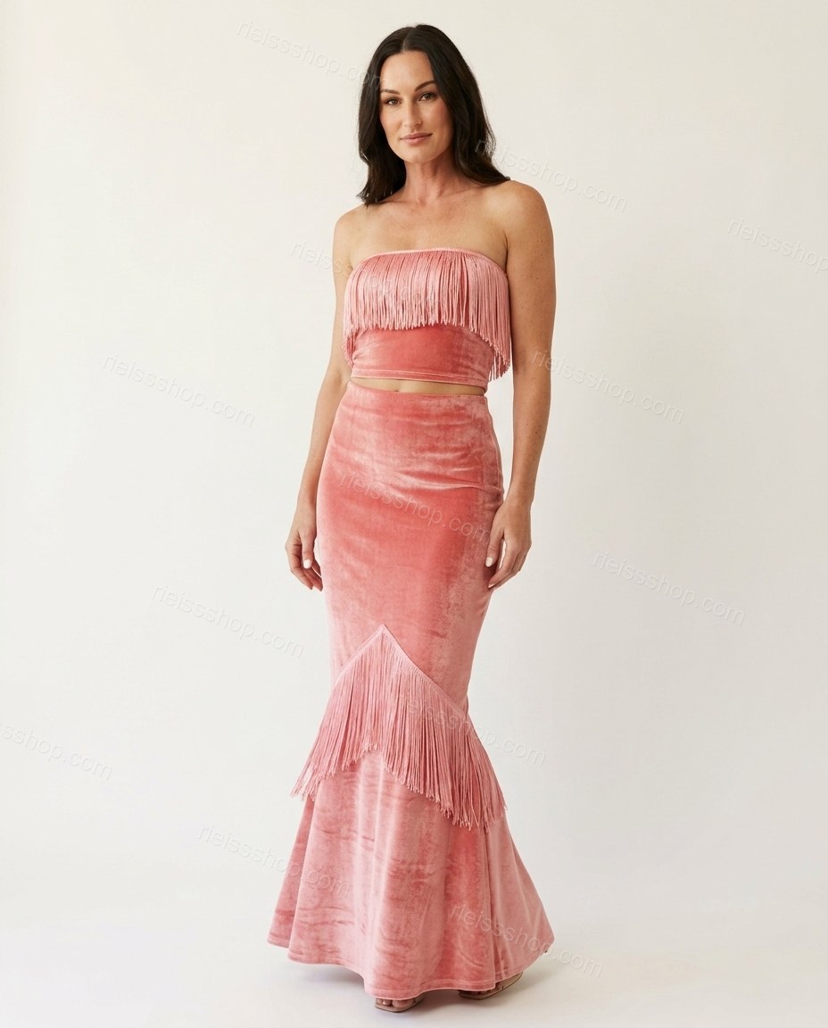 Pink After-Dark Fringe Skirt Set Pink Skirt Set with Cropped silhouette and Textured texture, side or back garment view for Day-to-Night, a dinner reservation, Fall late-summer dinners, city weekends, and early-fall plans, Euro Chic Premium by rieissshop