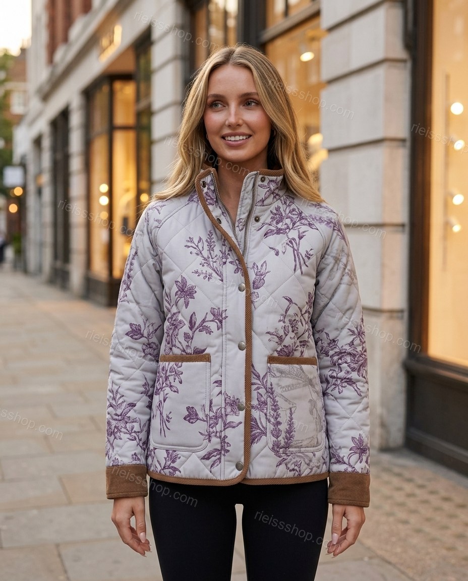 Light Gray Refined Floral Jacket Light Gray Jacket with Utility silhouette and Ribbed Knit texture, lifestyle scene image for City Layering, a dinner reservation, Fall transitional city days and cool-evening plans, Euro Chic Premium by rieissshop