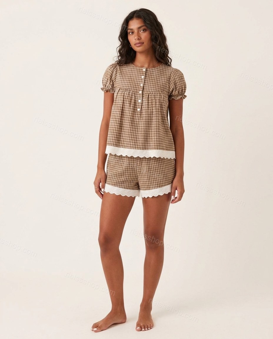 Brown Effortless Eyelet Short Set by rieissshop