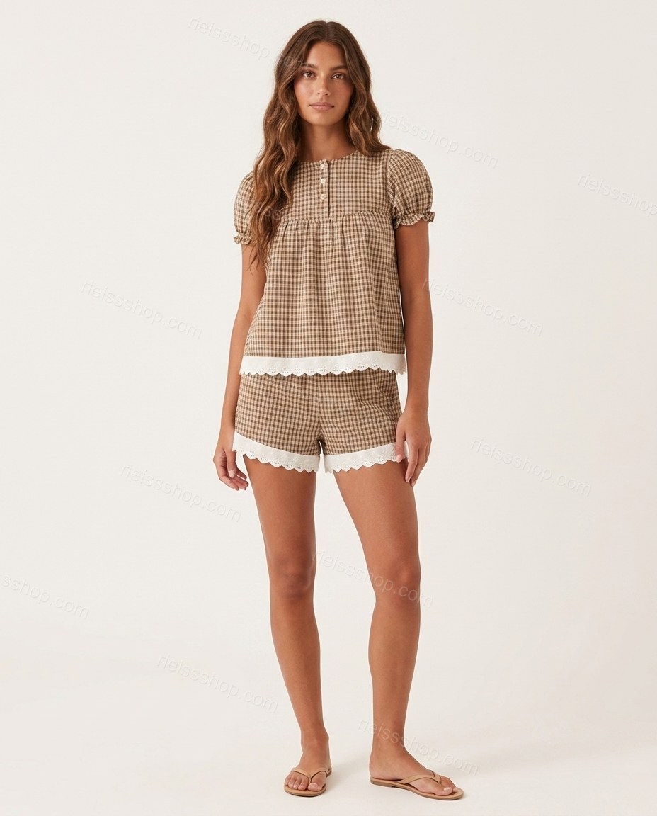 Brown Effortless Eyelet Short Set by rieissshop