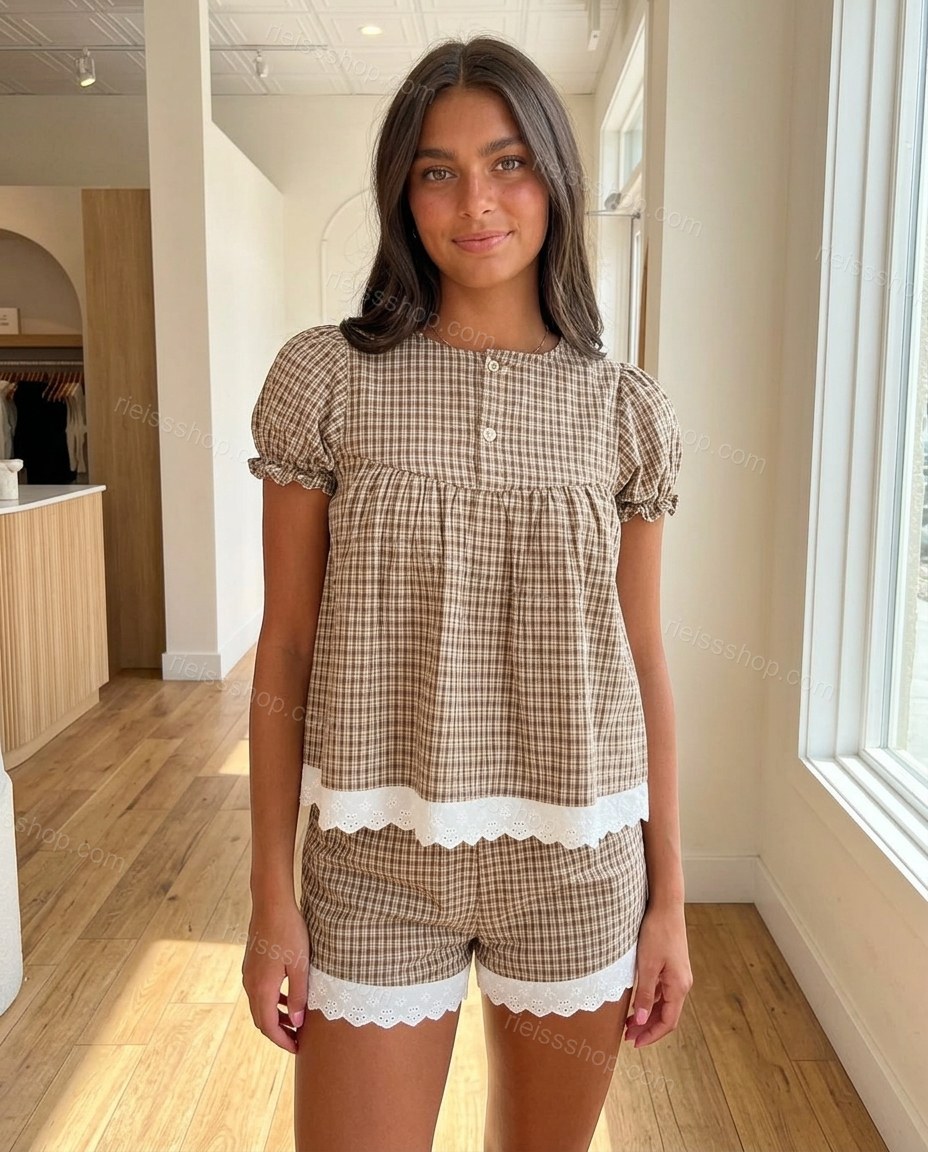 Brown Effortless Eyelet Short Set by rieissshop