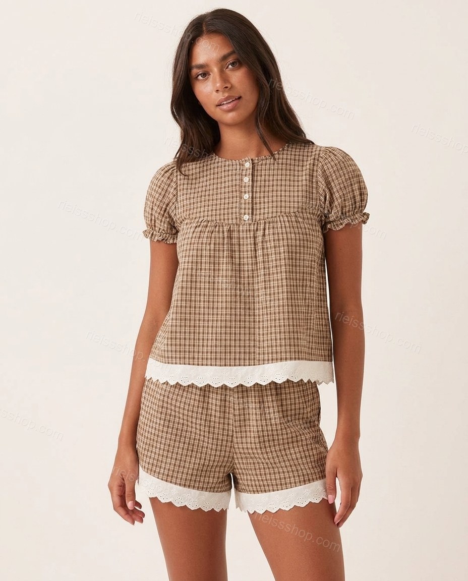 Brown Effortless Eyelet Short Set by rieissshop