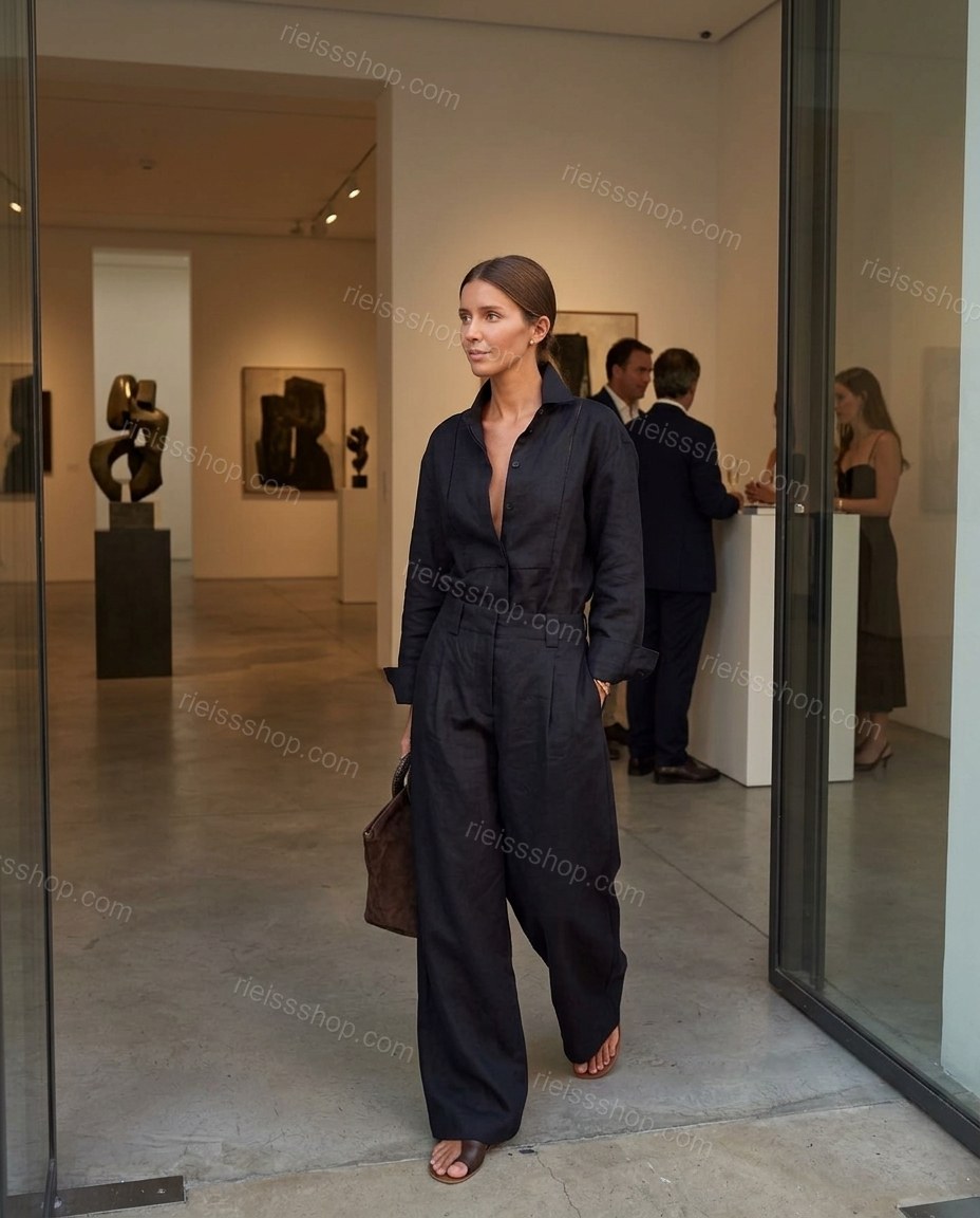 Black Romantic Pleated Wide-Leg Jumpsuit by rieissshop
