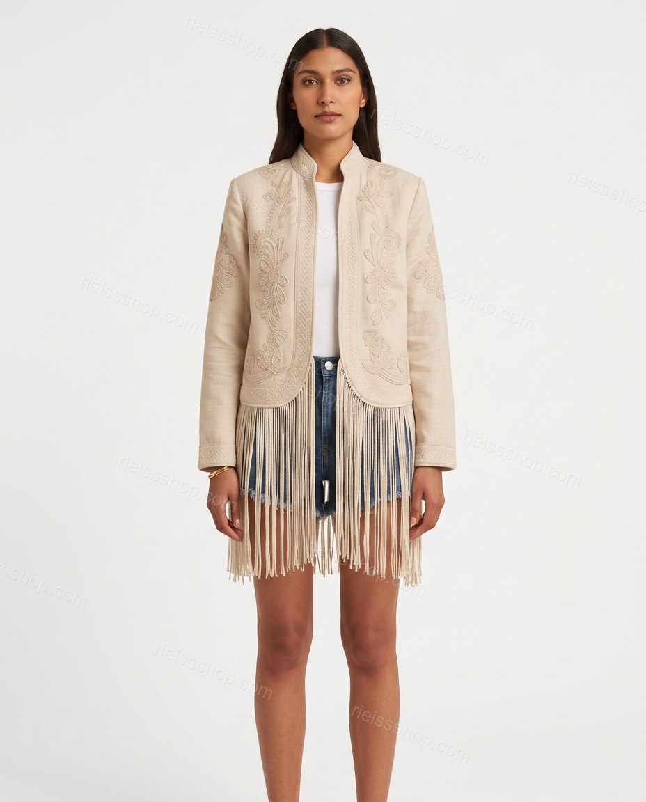 Beige Polished Floral Embroidered Jacket by rieissshop