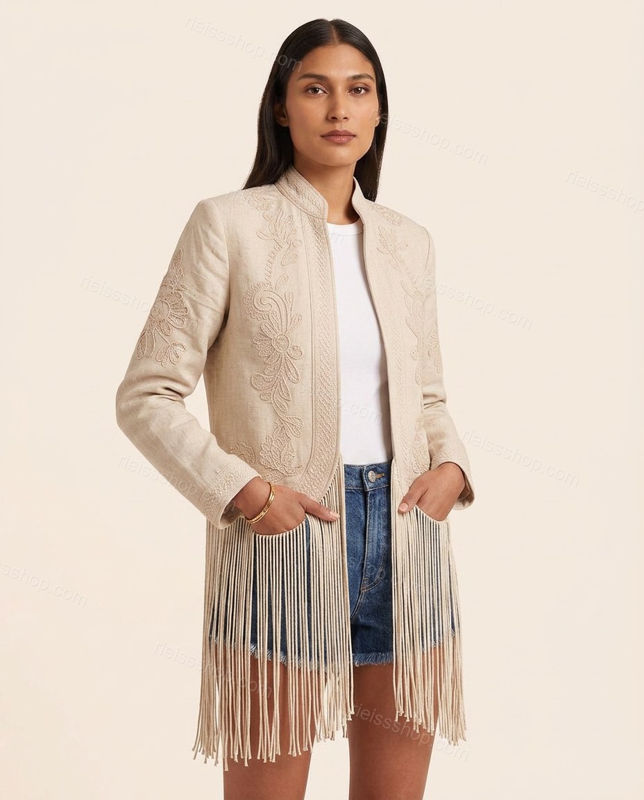 Beige Polished Floral Embroidered Jacket by rieissshop