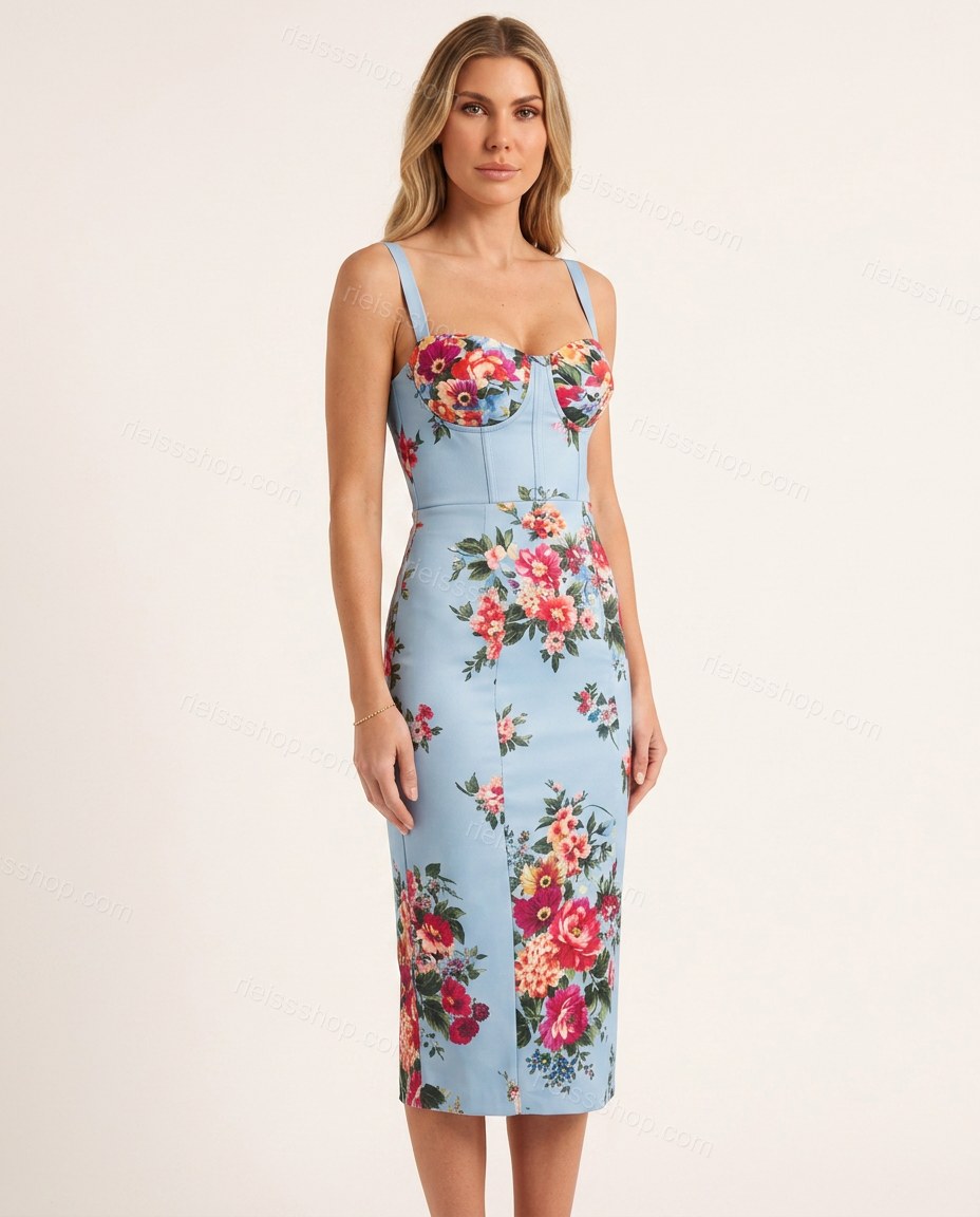 Light Blue Sunlit Floral Midi Dress by rieissshop