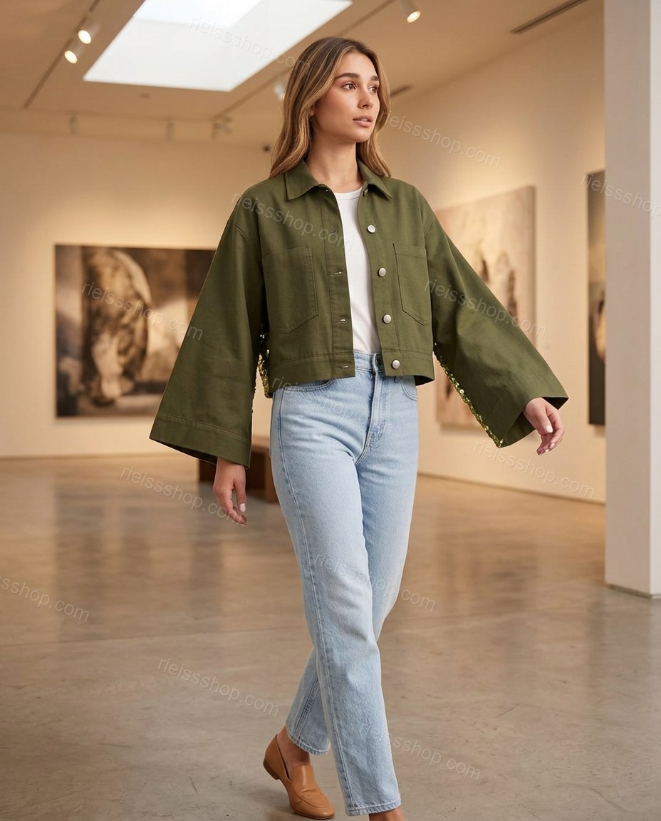 Olive Green Refined Denim Jacket Olive Green Jacket with Cropped silhouette and Textured texture, editorial ecommerce scene for City Layering, a dinner reservation, Fall transitional city days and cool-evening plans, Euro Chic Premium by rieissshop