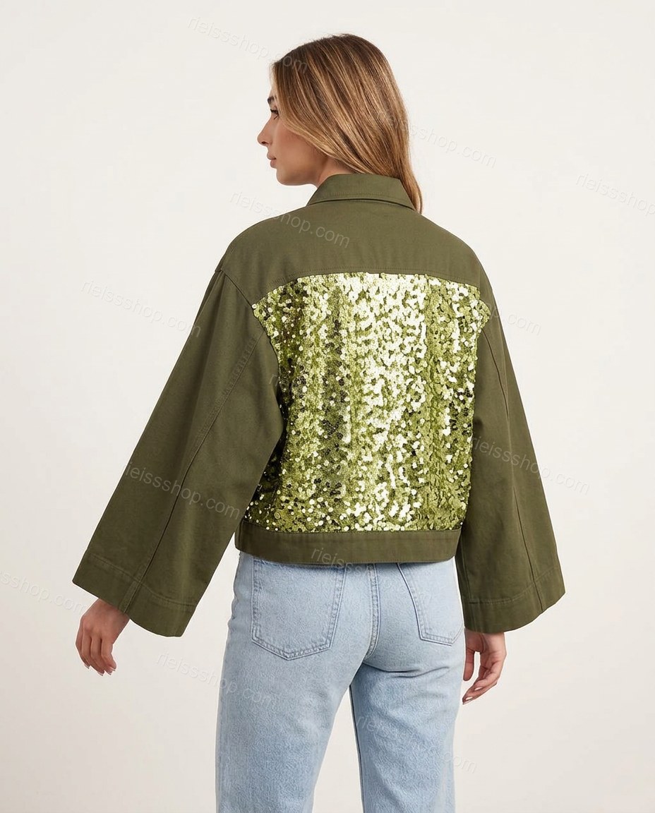 Olive Green Refined Denim Jacket Olive Green Jacket with Cropped silhouette and Textured texture, side or back garment view for City Layering, a dinner reservation, Fall transitional city days and cool-evening plans, Euro Chic Premium by rieissshop