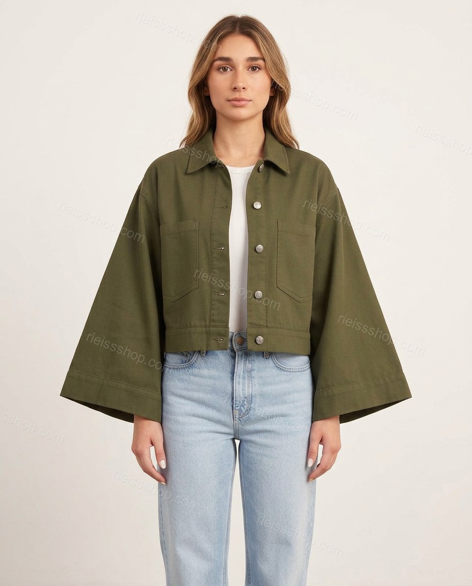 Olive Green Refined Denim Jacket Olive Green Jacket with Cropped silhouette and Textured texture, clean studio product view for City Layering, a dinner reservation, Fall transitional city days and cool-evening plans, Euro Chic Premium by rieissshop