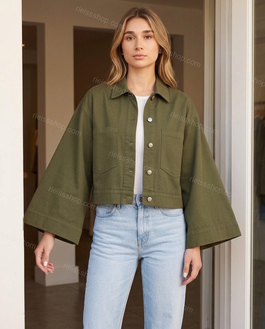 Olive Green Refined Denim Jacket Olive Green Jacket with Cropped silhouette and Textured texture, front view product image for City Layering, a dinner reservation, Fall transitional city days and cool-evening plans, Euro Chic Premium by rieissshop