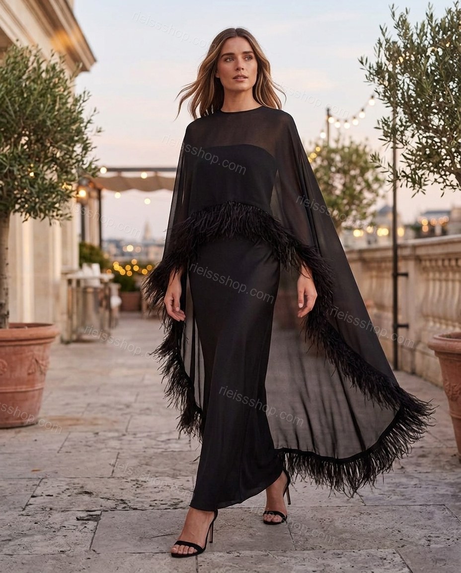 Black After-Dark Feather-Trim Dress by rieissshop
