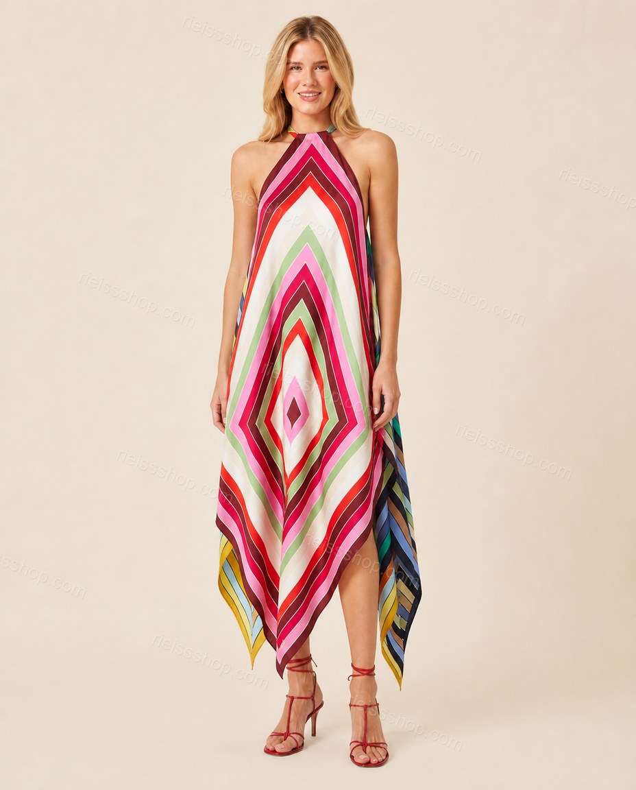 Multi-Color Chevron Open-Back Halter Dress, front studio view, by Rieissshop