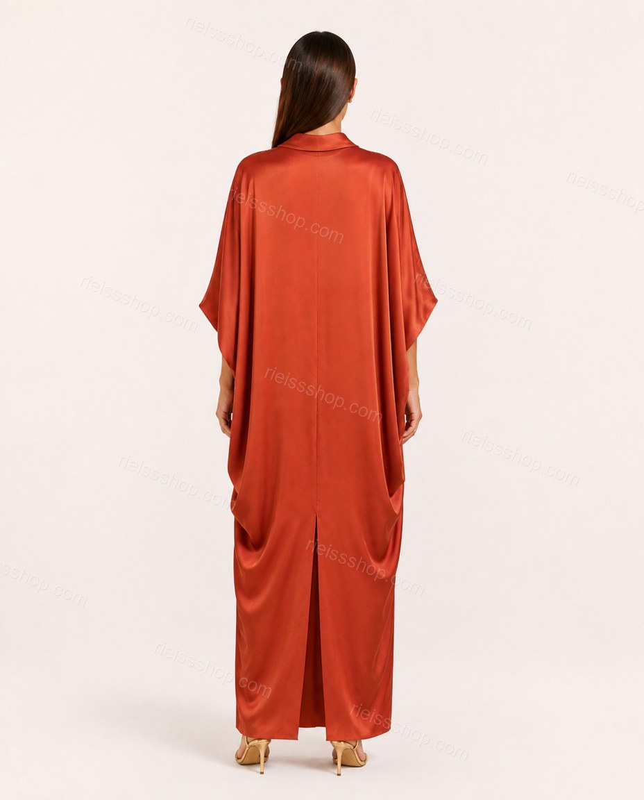 Orange Sleek Satin V-Neck Jumpsuit Orange Jumpsuit with Relaxed Fit silhouette and Satin texture, side or back garment view for Day-to-Night, a dinner reservation, Fall late-summer city plans and early-fall occasions, Euro Chic Premium by RIEISSSHOP
