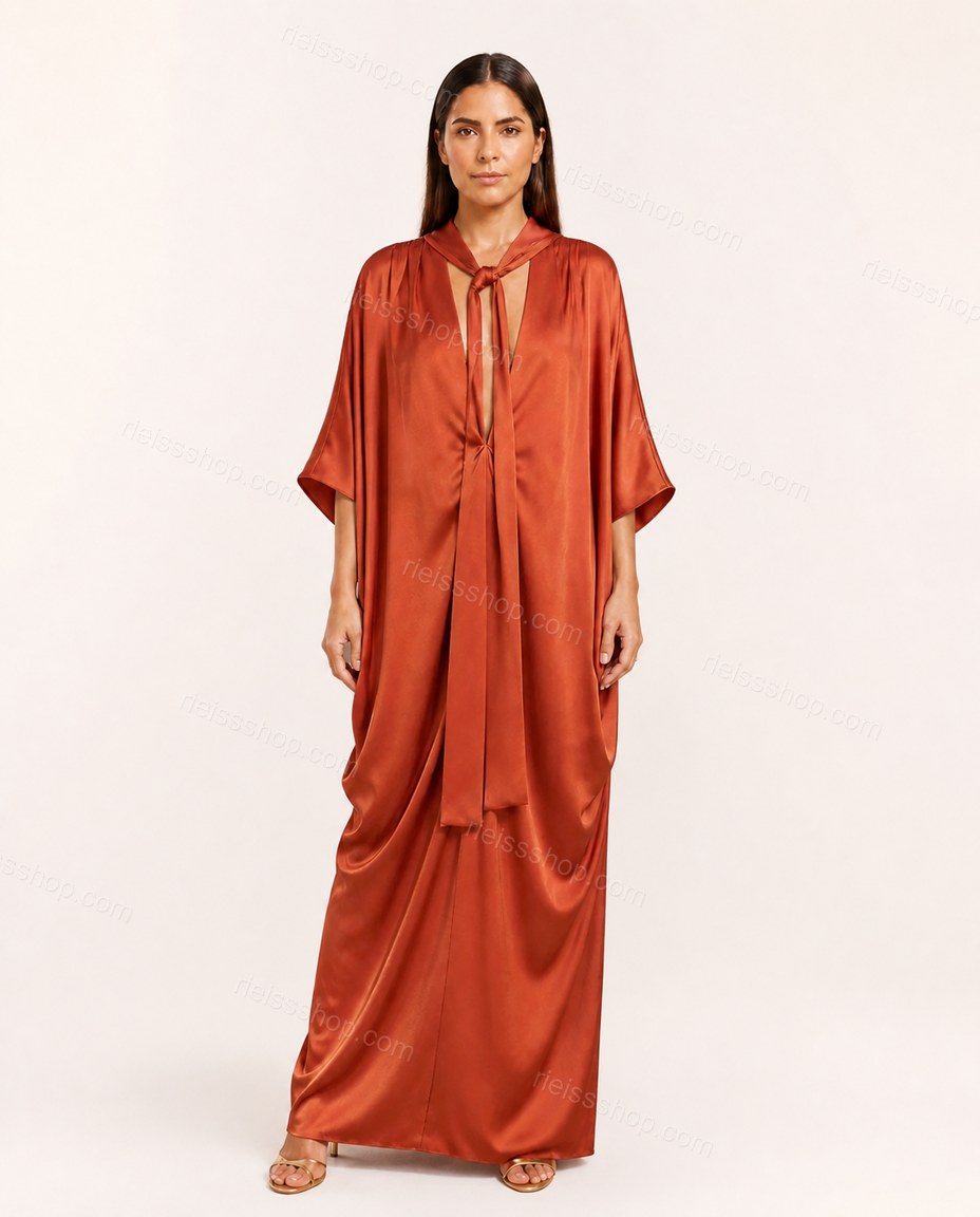 Orange Sleek Satin V-Neck Jumpsuit Orange Jumpsuit with Relaxed Fit silhouette and Satin texture, clean studio product view for Day-to-Night, a dinner reservation, Fall late-summer city plans and early-fall occasions, Euro Chic Premium by RIEISSSHOP