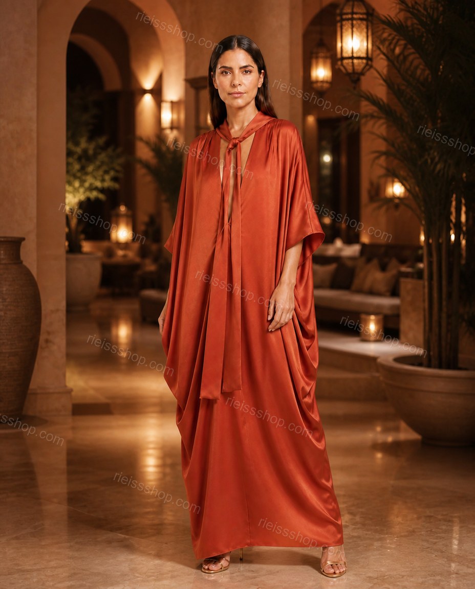 Orange Sleek Satin V-Neck Jumpsuit Orange Jumpsuit with Relaxed Fit silhouette and Satin texture, fabric and construction detail for Day-to-Night, a dinner reservation, Fall late-summer city plans and early-fall occasions, Euro Chic Premium by RIEISSSHOP
