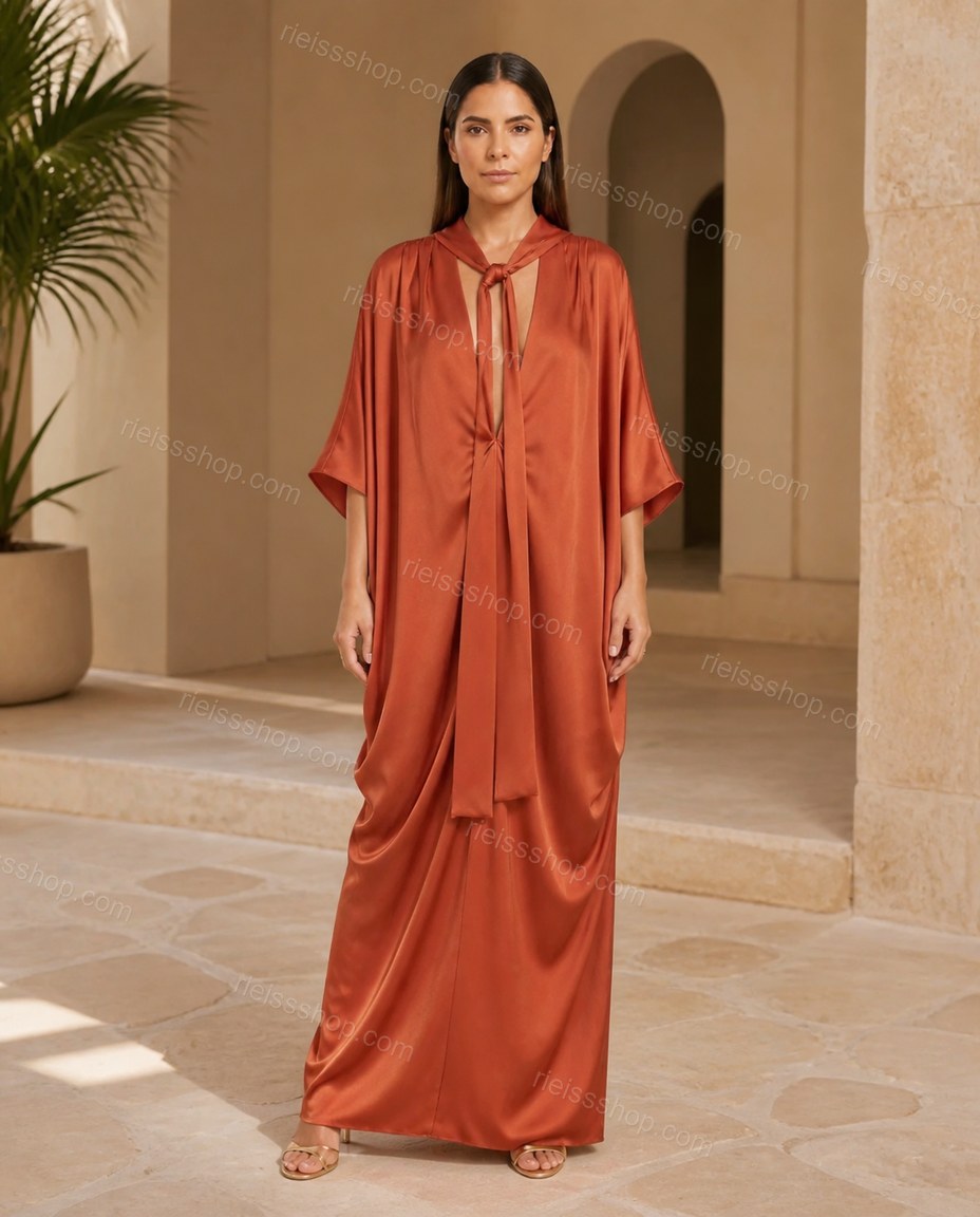 Orange Sleek Satin V-Neck Jumpsuit Orange Jumpsuit with Relaxed Fit silhouette and Satin texture, front view product image for Day-to-Night, a dinner reservation, Fall late-summer city plans and early-fall occasions, Euro Chic Premium by RIEISSSHOP