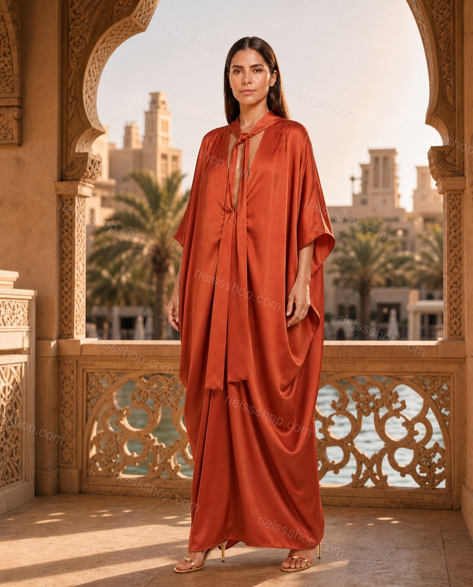 Orange Sleek Satin V-Neck Jumpsuit Orange Jumpsuit with Relaxed Fit silhouette and Satin texture, lifestyle scene image for Day-to-Night, a dinner reservation, Fall late-summer city plans and early-fall occasions, Euro Chic Premium by RIEISSSHOP