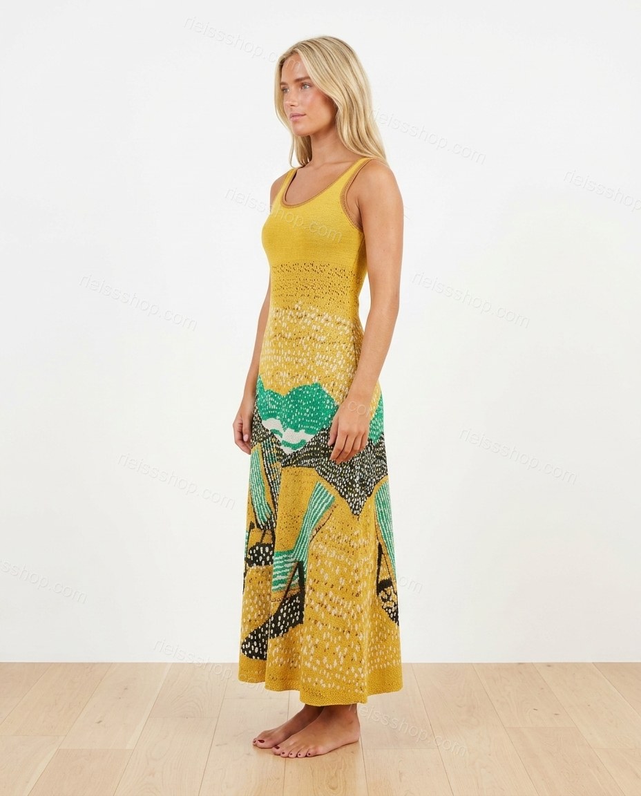 Yellow Maxi Knit Dress, side and back studio view, by Rieissshop