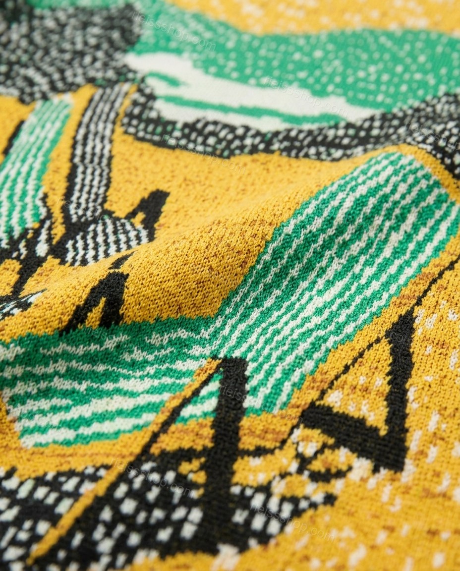 Yellow Maxi Knit Dress, close-up of green and black accents, integrated knit beach scene pattern and sleeveless design, by Rieissshop