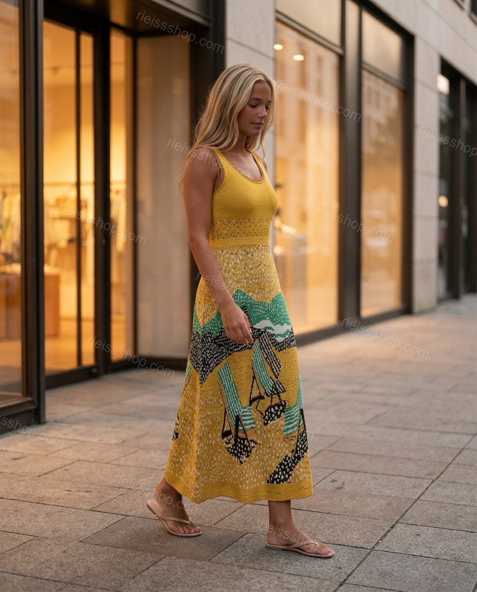 Yellow Maxi Knit Dress, movement and fit lifestyle view, by Rieissshop