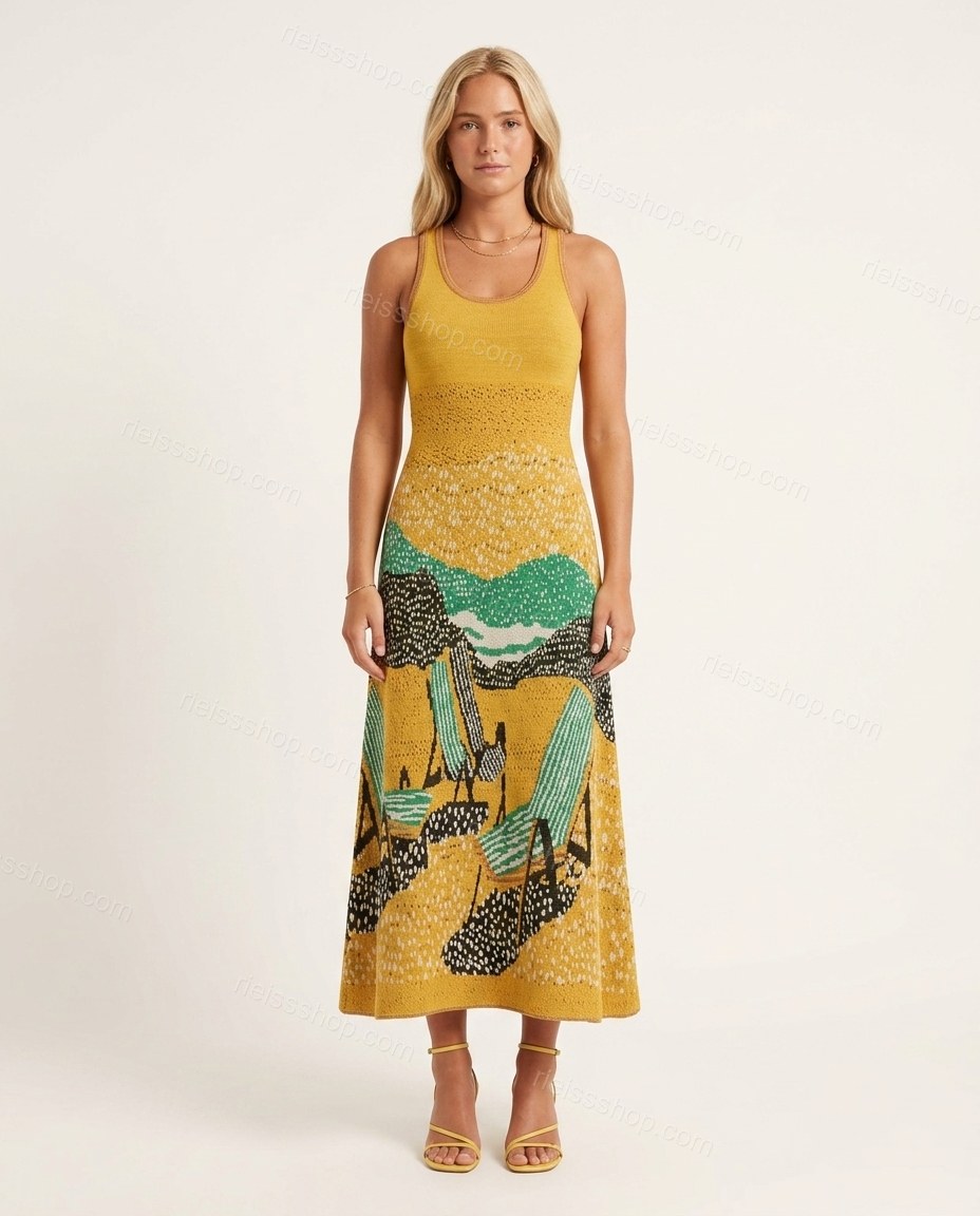 Yellow Maxi Knit Dress, front studio view, by Rieissshop