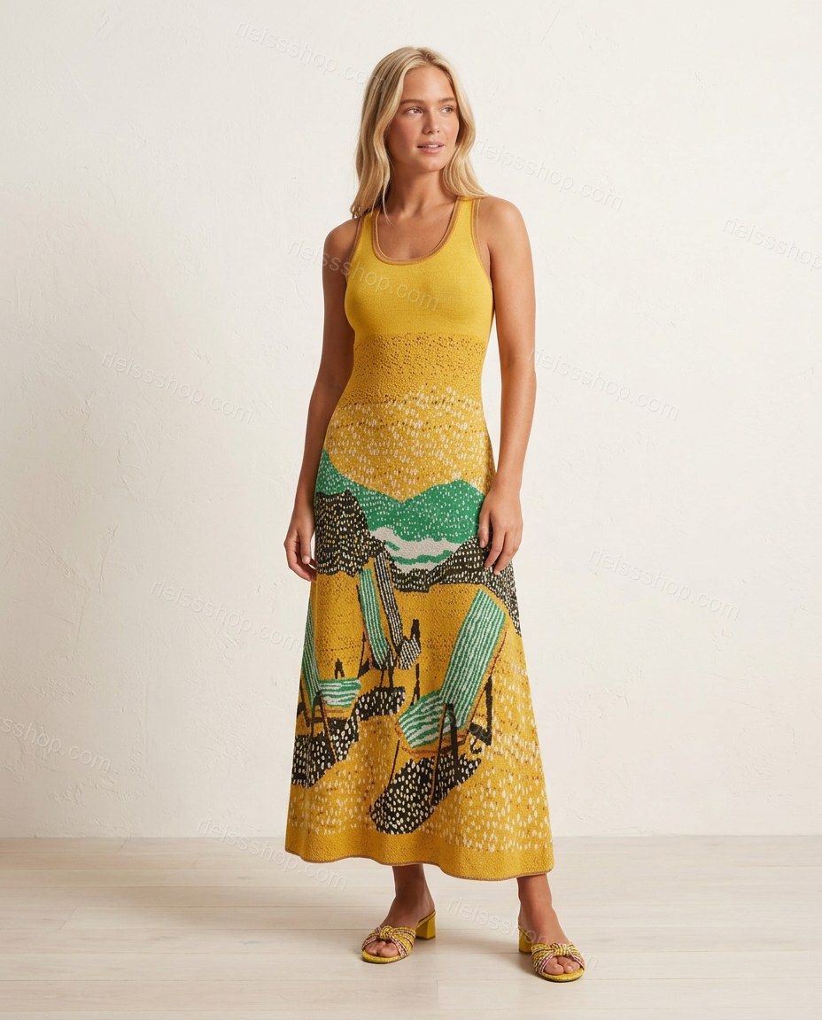 Yellow Maxi Knit Dress, full-length hero view, by Rieissshop